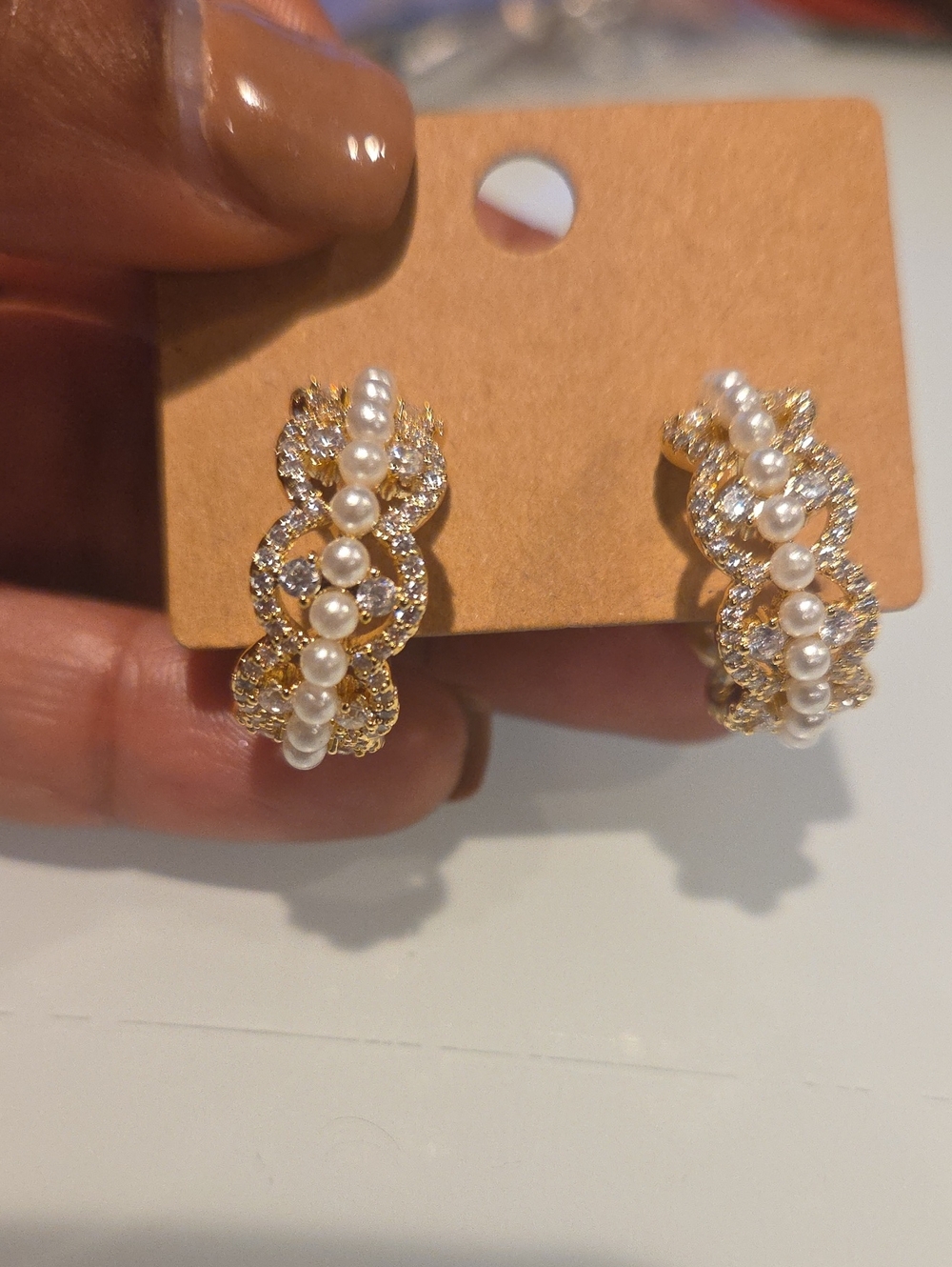 Gold Pearl & Crystal Twist Hoop Earrings